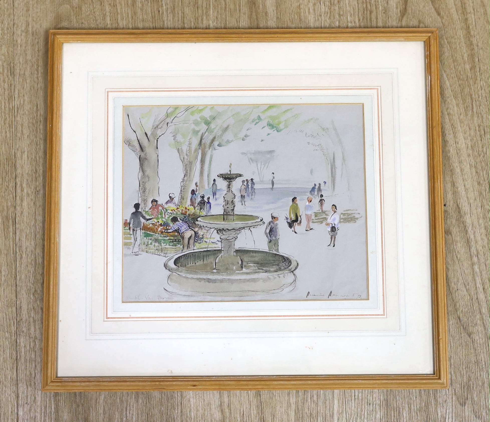 Hermione Hammond (1910-2005), ink and watercolour, French landscape with figures and water fountain, signed, inscribed and dated 5/73, 22 x 27cm